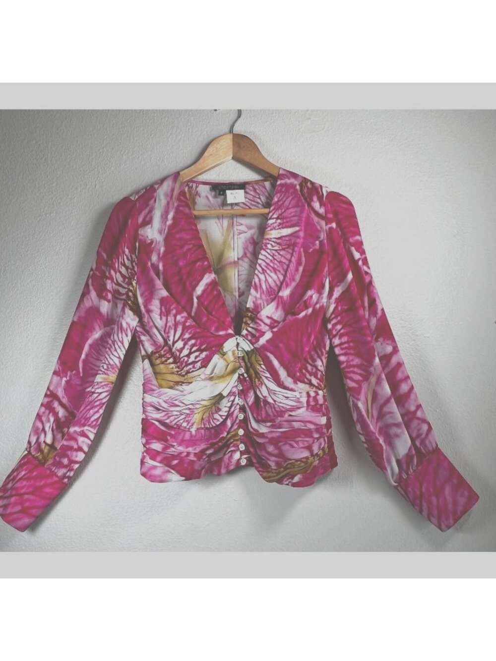 Etcetera Womens Blouse Top Hot Pink Sz 8 White Ruched Long Sleeve Button Cuff